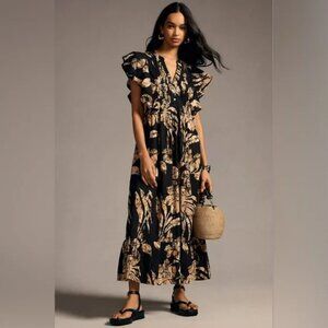 Maeve Anthropologie Cassandra Maxi Dress Black~Tan Palm Print Gorgeous XS